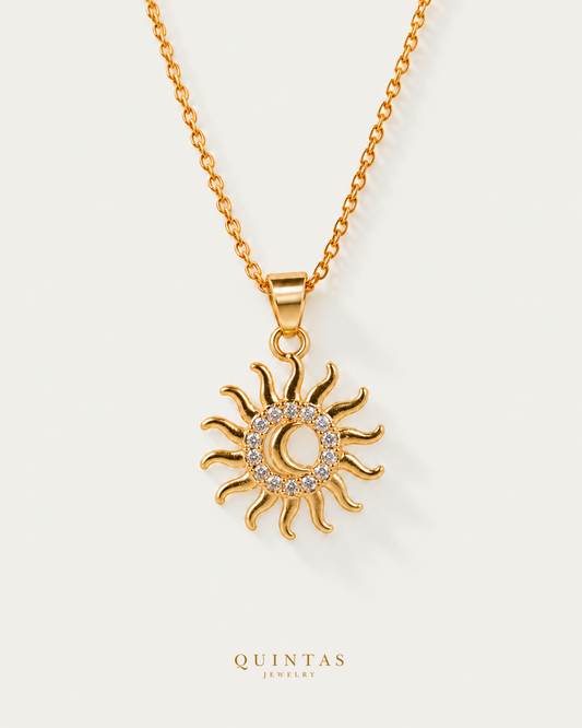 Golden Bohemian Sun Moon Necklace — gold cable chain, hero view, canonical Quintas logo