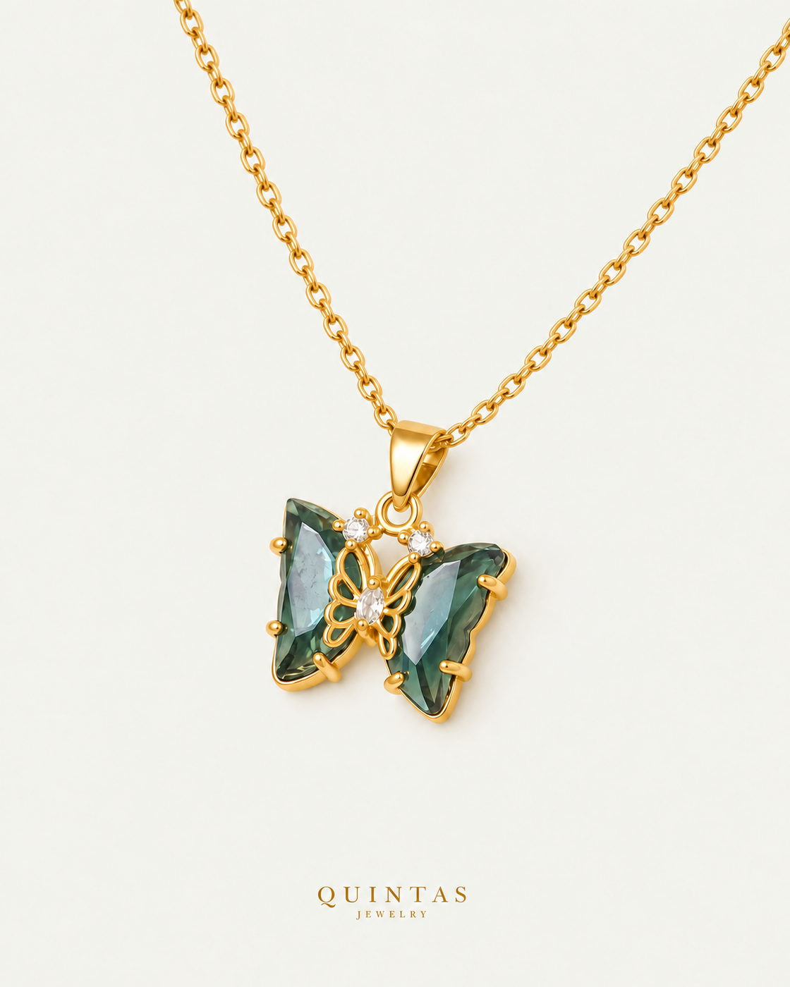 Gemstone Butterfly Necklace Green cable chain companion view, canonical Quintas logo