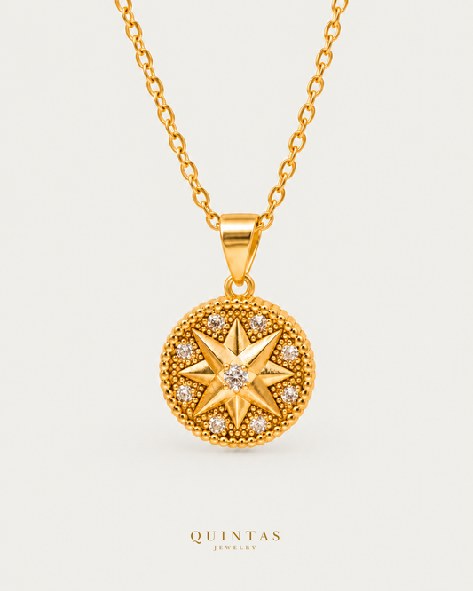 Wishing Star Necklace — source-verified cable front view, off-white background, canonical gold logo