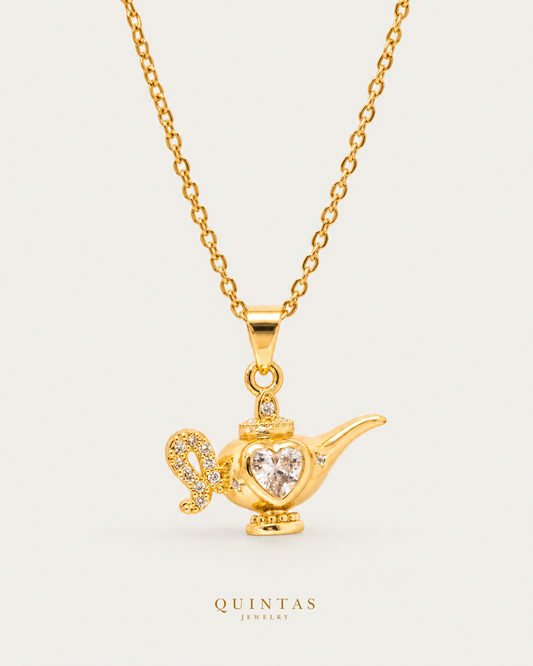 Aladdin Wish Lamp Necklace — source-verified cable front view, off-white background, canonical gold logo