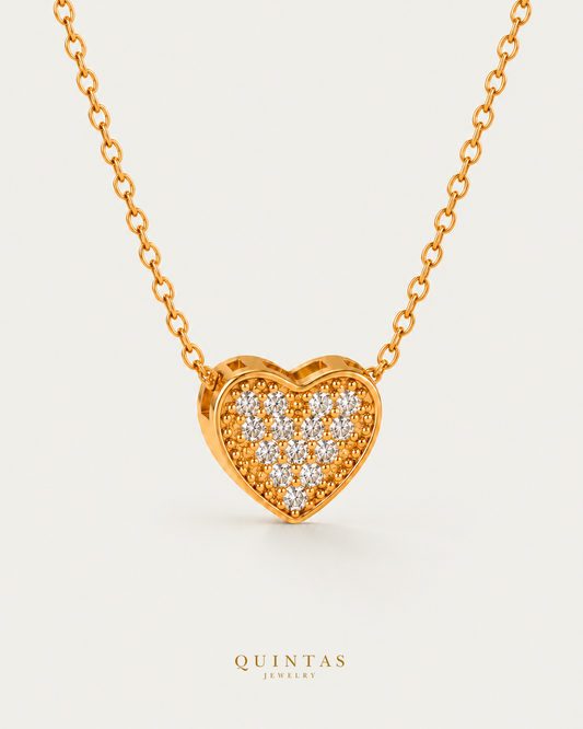 Olivia Heart Necklace gold cable chain, main view, canonical Quintas logo