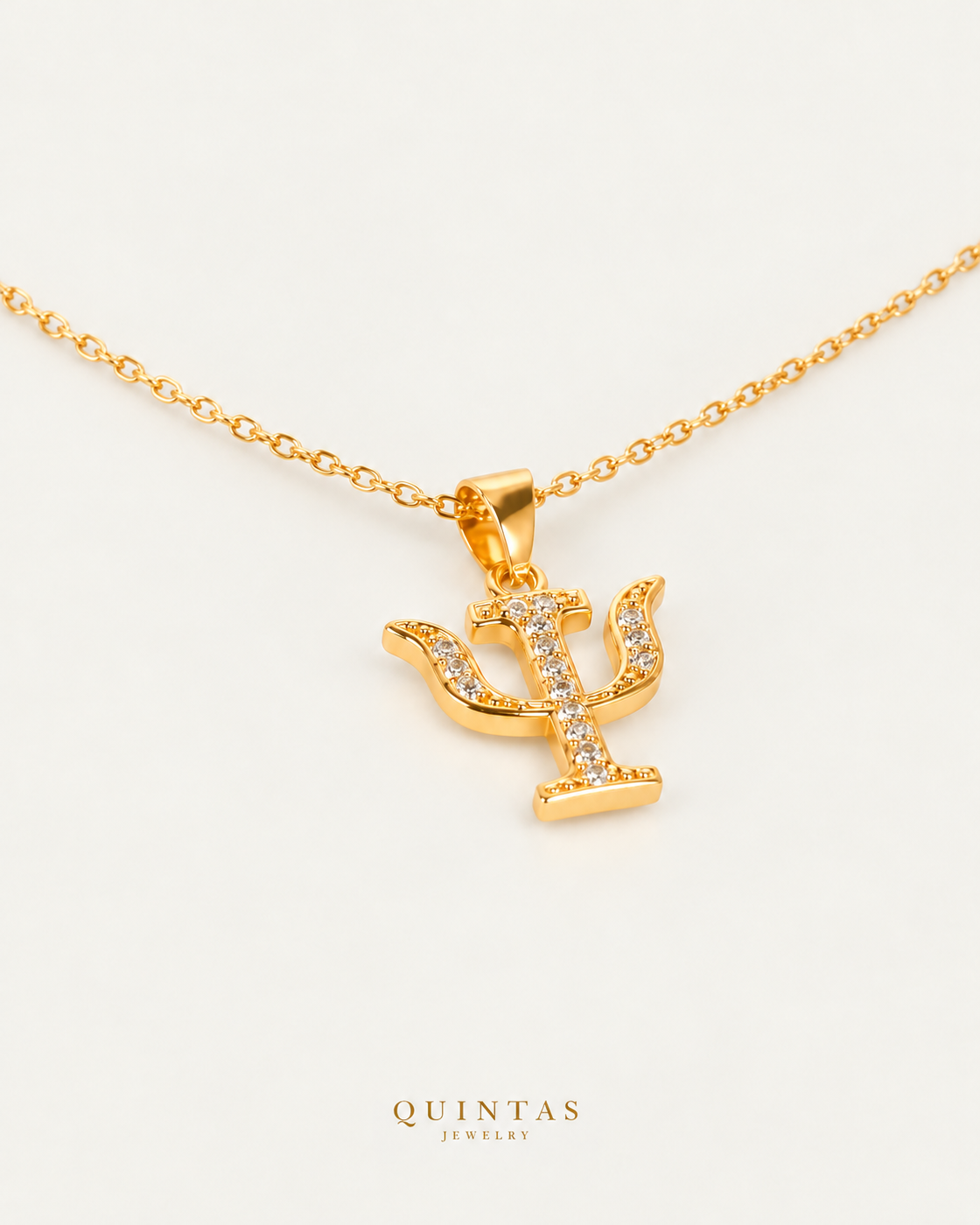 Psychology Psi Necklace gold cable chain, companion view, canonical Quintas logo