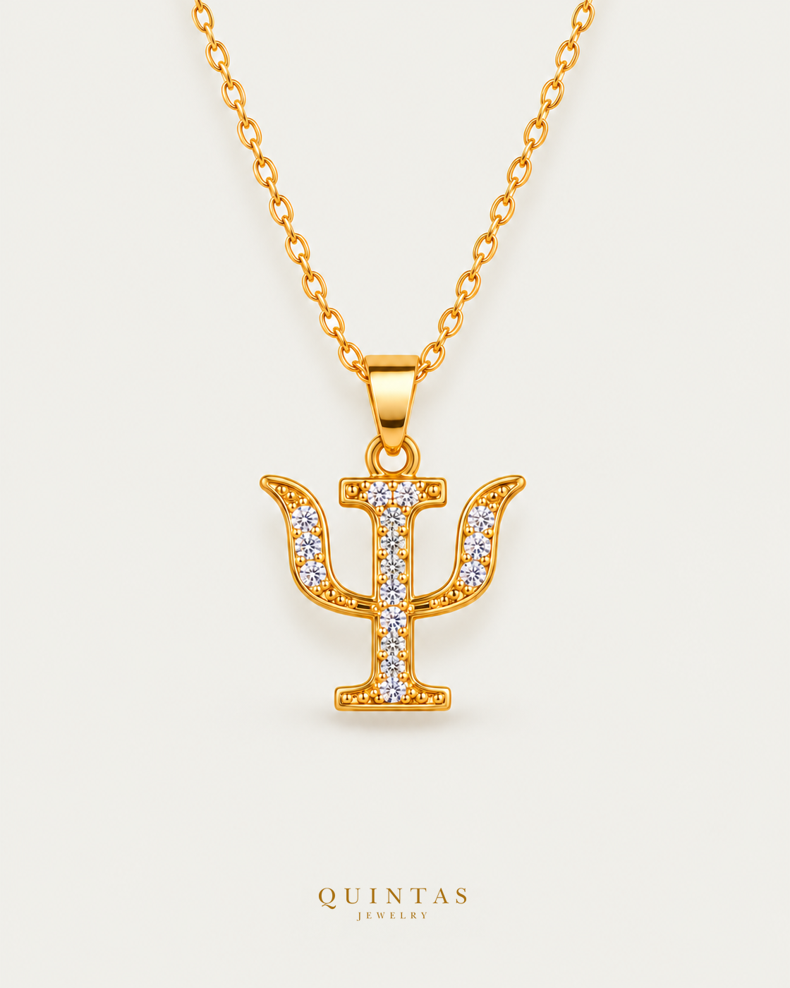 Psychology Psi Necklace gold cable chain, main view, canonical Quintas logo