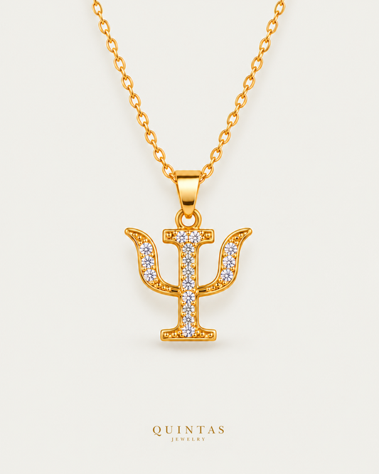 Psychology Psi Necklace gold cable chain, main view, canonical Quintas logo