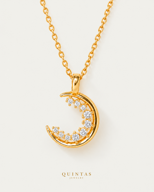 Moon Jewel Necklace gold cable chain, main view, canonical Quintas logo
