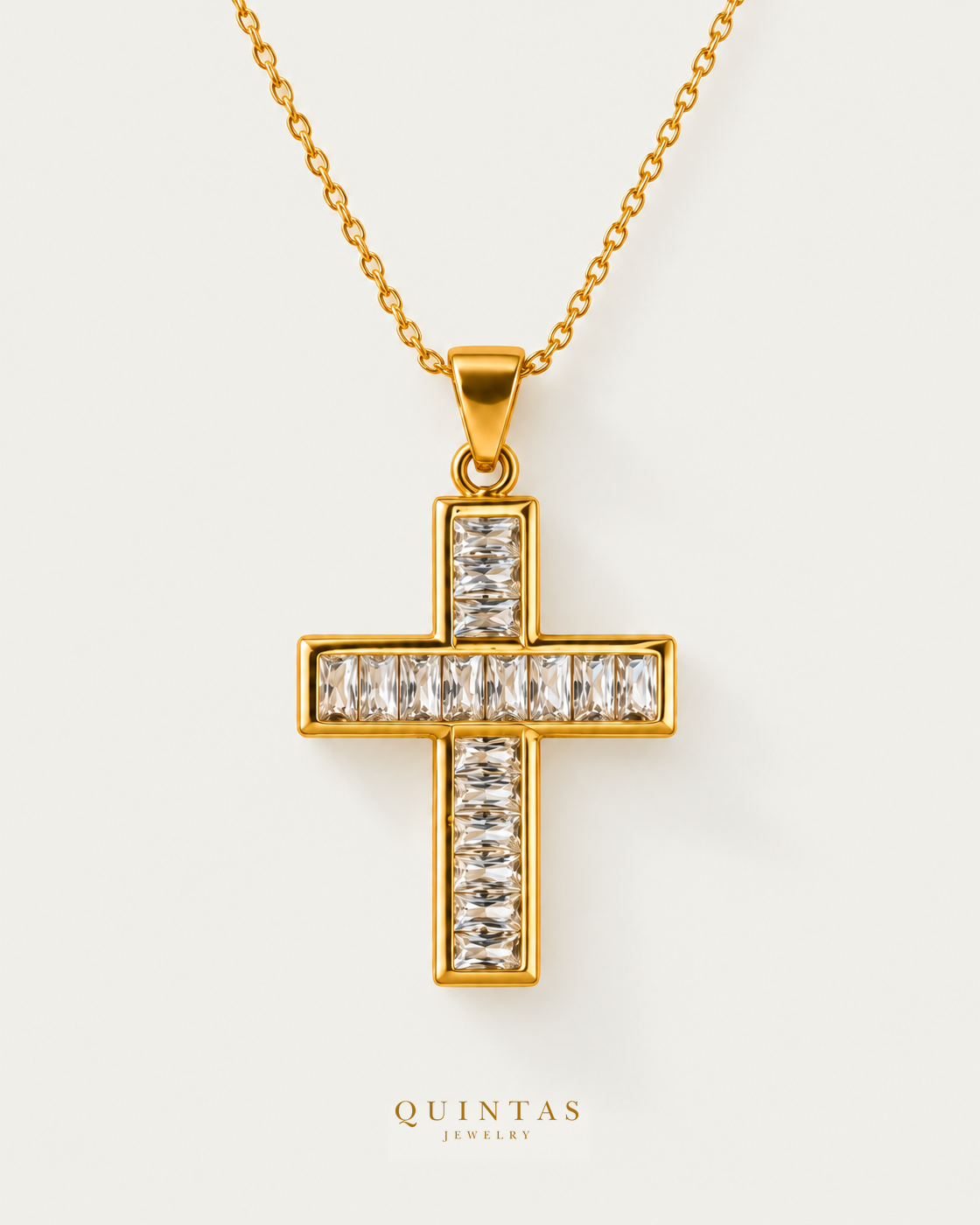 Bold Iced Cross Necklace — source-verified cable front view, off-white background, canonical gold logo