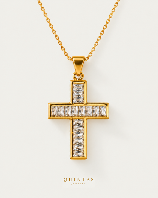 Bold Iced Cross Necklace — source-verified cable front view, off-white background, canonical gold logo