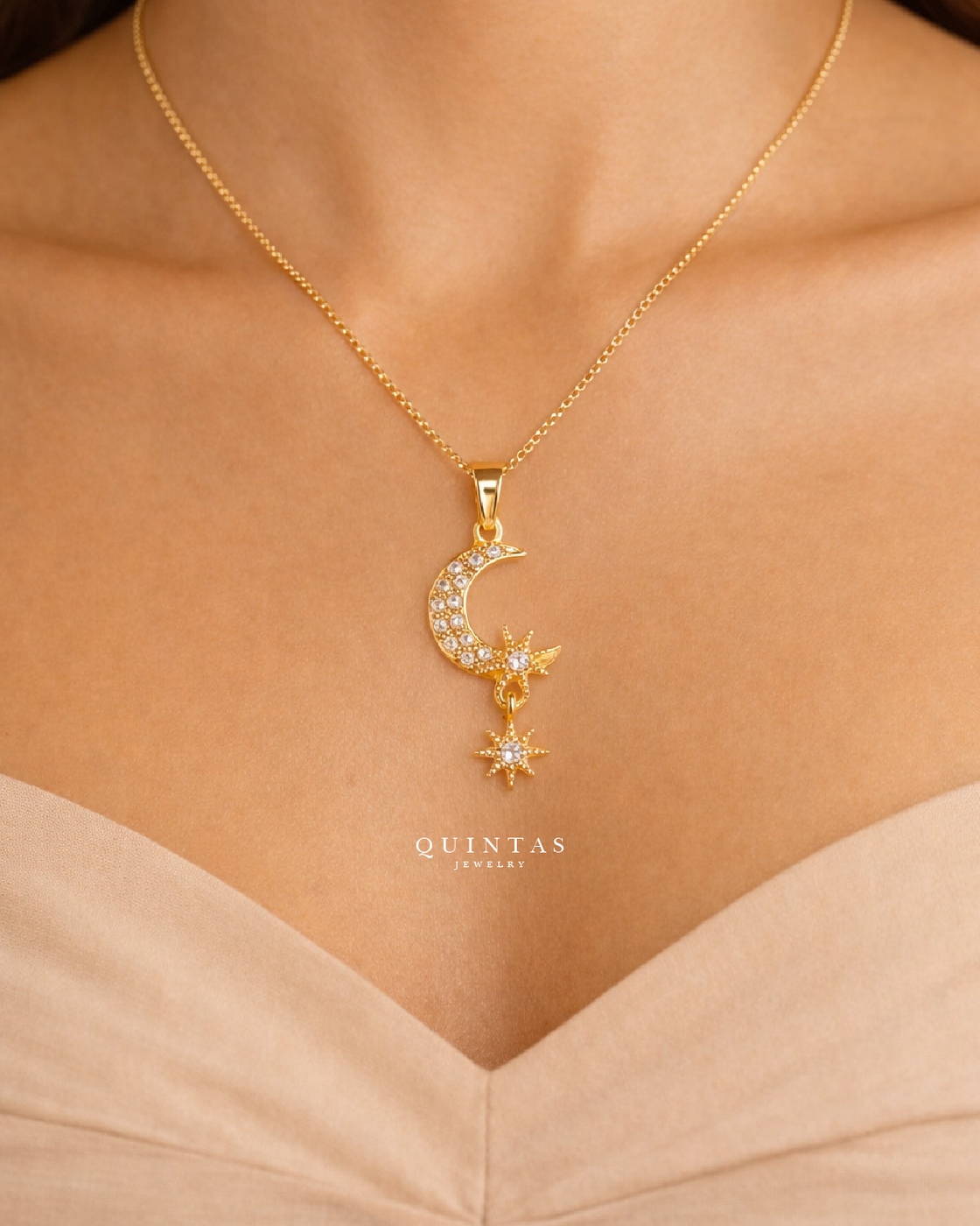 Gaia Moon and Star Necklace existing gallery photograph, centered 4:5 resize; original pixels and colors preserved.