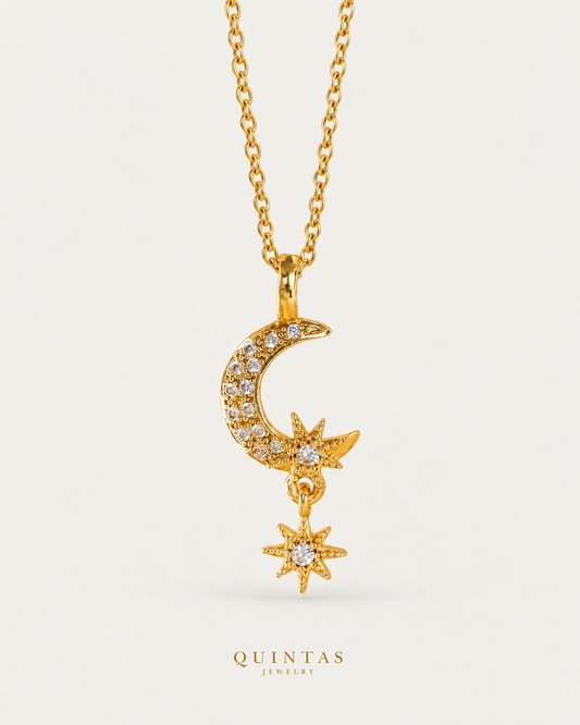 Gaia Moon and Star Necklace gold cable chain, main view, canonical Quintas logo