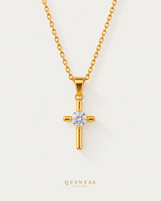 Dainty Cross Diamond Necklace, existing cable view, canonical Quintas logo
