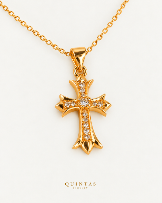 Majestic Diamond Cross Necklace, existing cable view, canonical Quintas logo