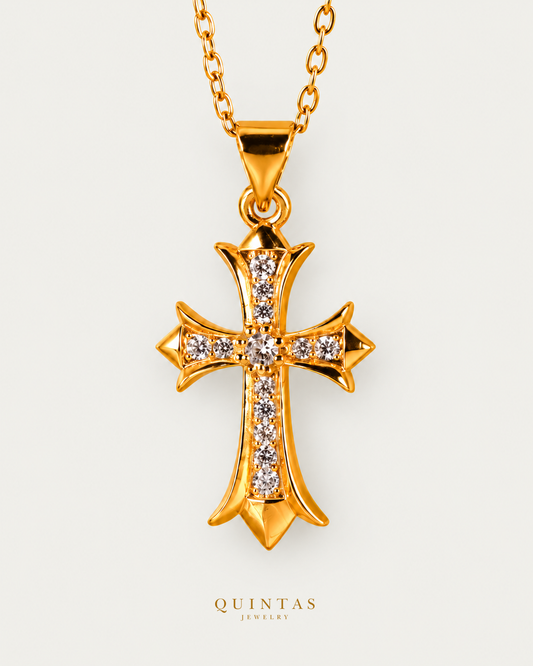 Majestic Diamond Cross Necklace, existing cable view, canonical Quintas logo