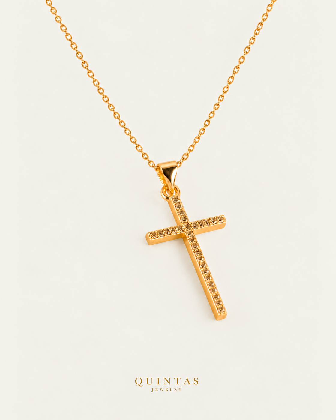 Miracle Cross Necklace gold cable chain companion view, canonical Quintas logo