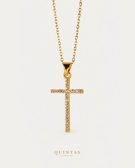 Miracle Cross Necklace gold cable chain main view, canonical Quintas logo