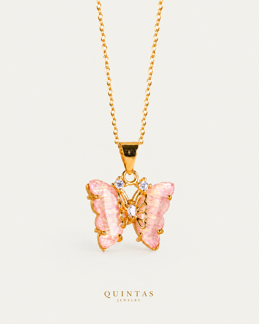 Pastel Butterfly Necklace pink gold cable chain, main view, canonical Quintas logo