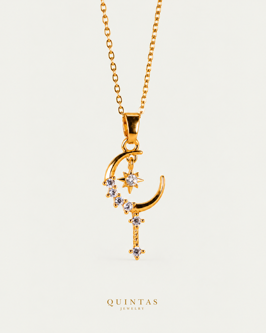 Celeste Moon and Star Necklace, gold cable chain, front hero on neutral greige