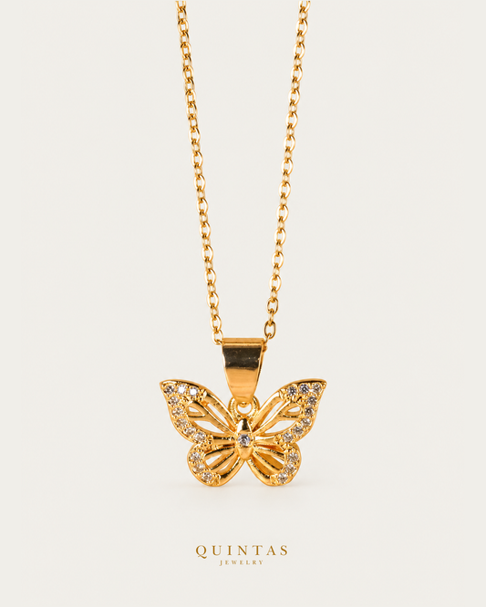 Freya Butterfly Necklace gold cable chain main view, canonical Quintas logo