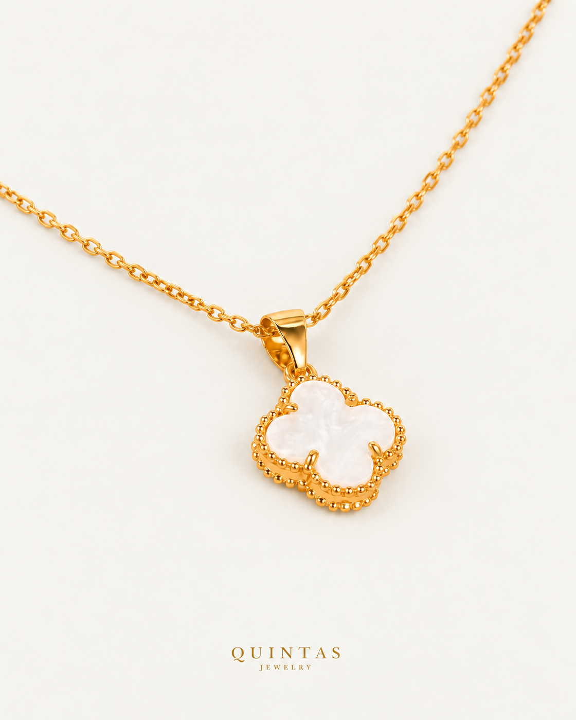 Four Leaf Clover Necklace — source-faithful companion view; canonical Quintas Jewelry logo