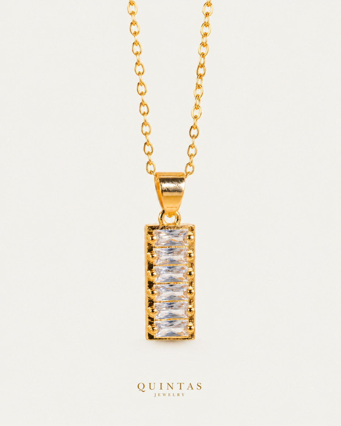 Classic Baguette Diamonds Necklace — source-faithful hero view; canonical Quintas Jewelry logo