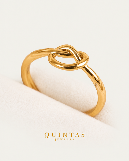 Promise Knot Ring by QUINTAS (Free Box and Paper Bag), gold ring upright product view, neutral greige