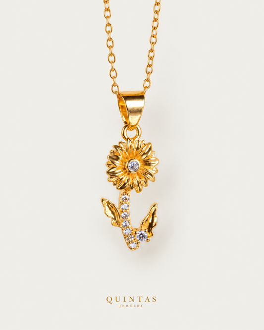 Andrea Sunflower Necklace gold cable chain main view, canonical Quintas logo