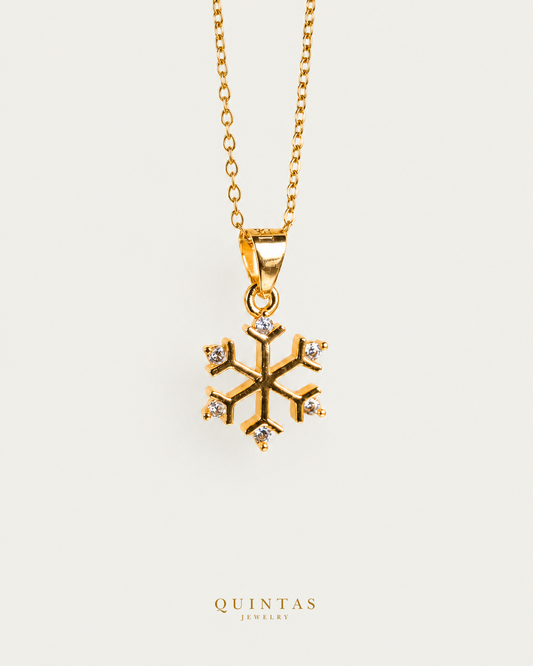 Princess Snowflake Necklace gold cable chain main view, canonical Quintas logo