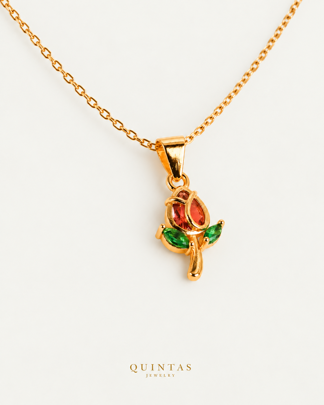 Red Tulip Necklace companion with canonical Quintas Jewelry logo