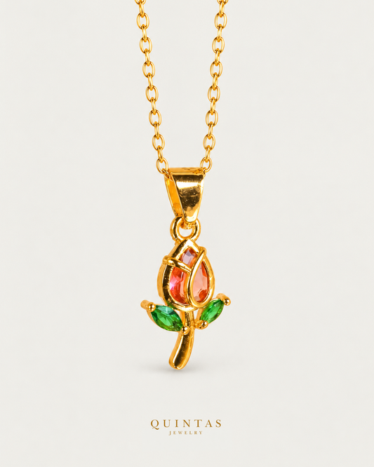 Red Tulip Necklace hero with canonical Quintas Jewelry logo