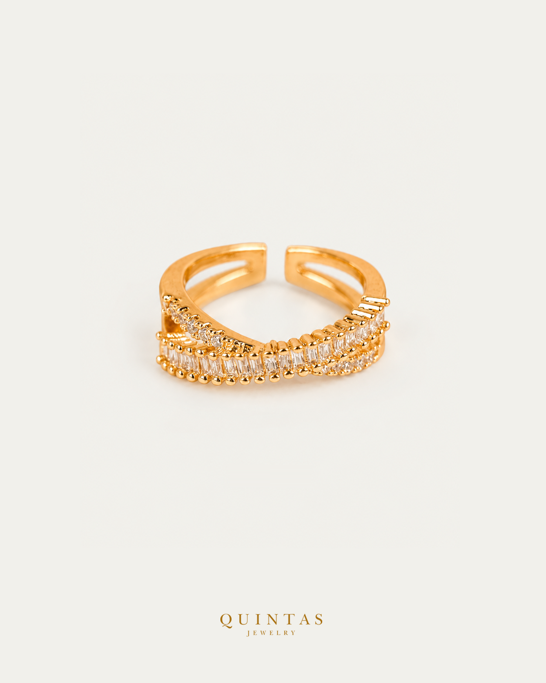 Elena Baguette Diamond Infinity Ring (Adjustable) standalone lying view with smaller framing on neutral greige