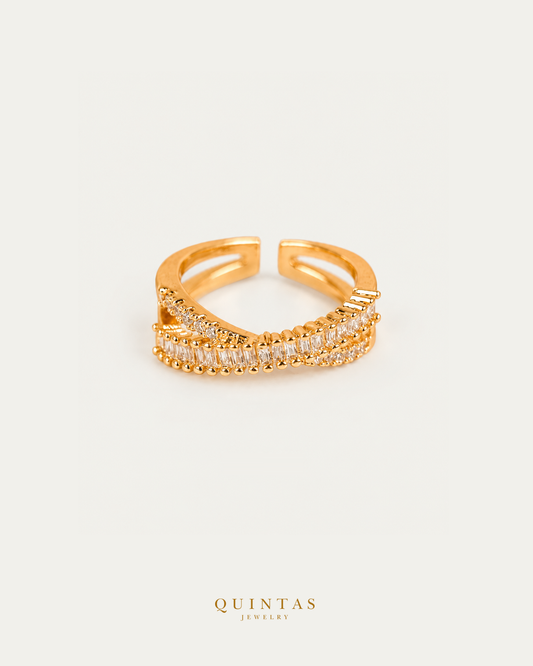 Elena Baguette Diamond Infinity Ring (Adjustable) standalone lying view with smaller framing on neutral greige