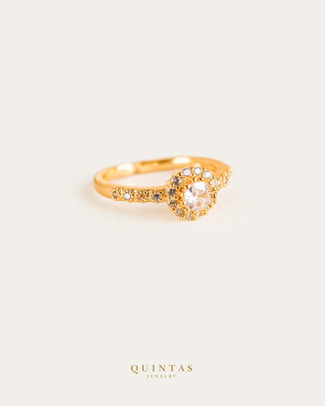 Sophia Majestic Diamond Gold Ring (Adjustable) standalone lying view with smaller framing on neutral greige