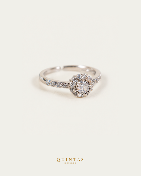 Sophia Majestic Diamond Silver Ring (Adjustable) standalone lying view with smaller framing on neutral greige