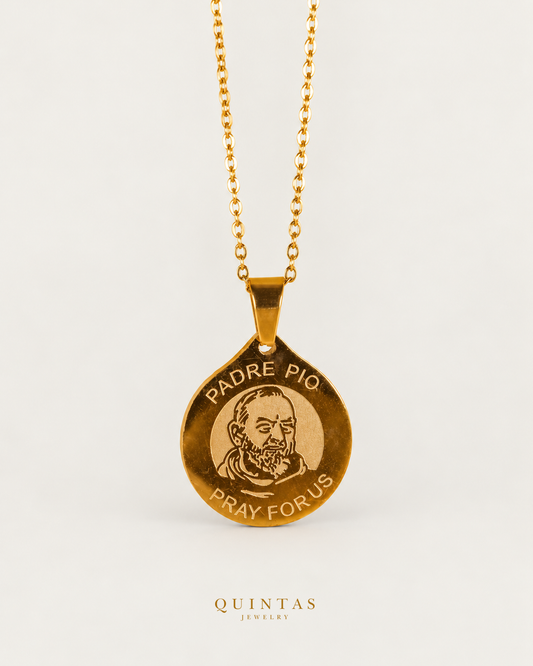 Padre Pio Healing Necklace, existing cable view, canonical Quintas logo