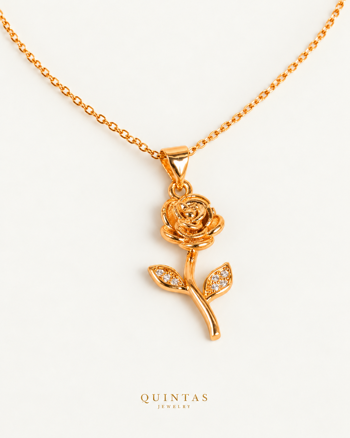 Golden Rose Necklace gold cable chain companion view, canonical Quintas logo