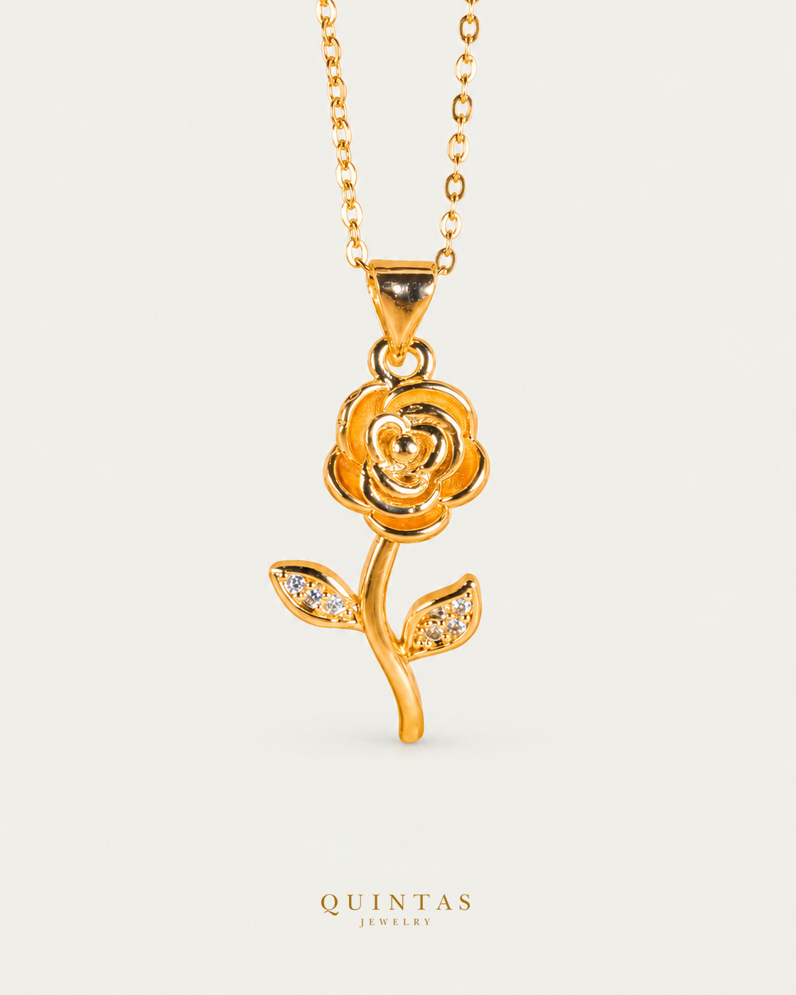 Golden Rose Necklace gold cable chain main view, canonical Quintas logo