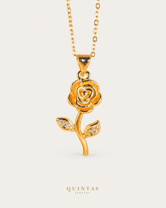 Golden Rose Necklace gold cable chain main view, canonical Quintas logo