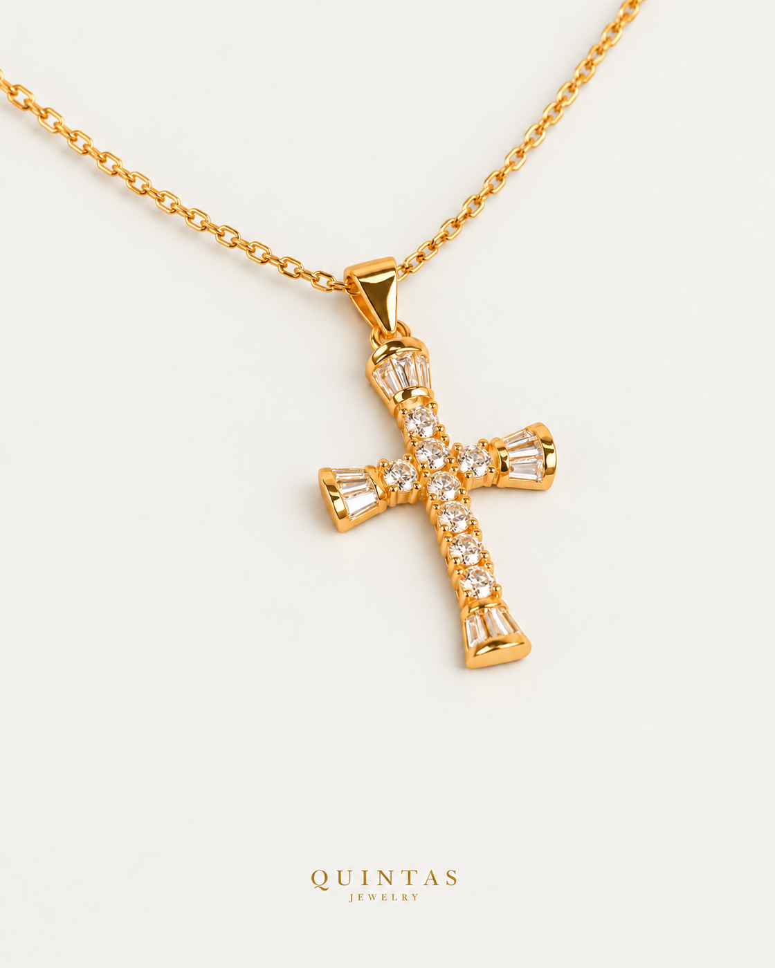 David Glass Crucifix Necklace gold cable chain companion view, canonical Quintas logo