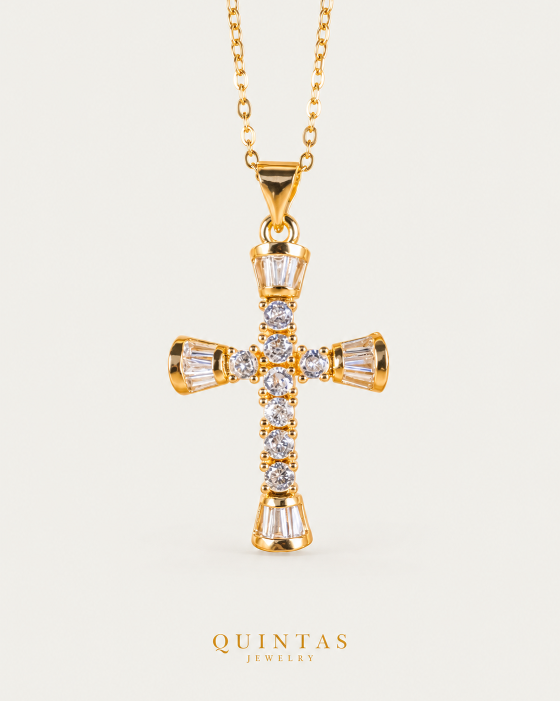 David Glass Cross Necklace, gold cable chain, front hero on neutral greige
