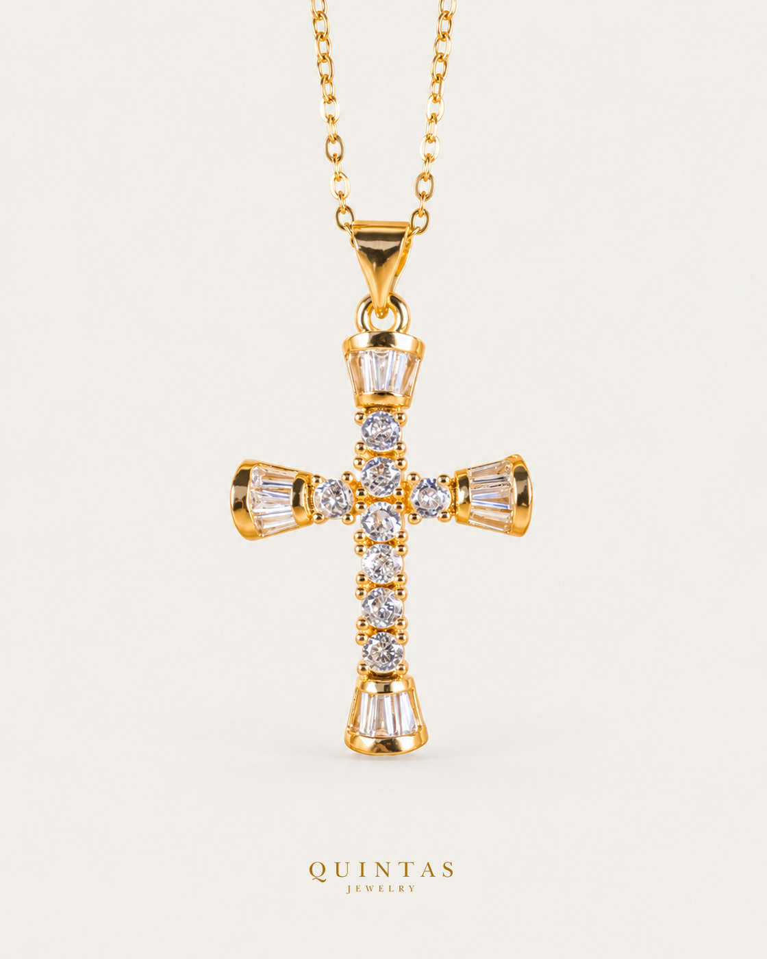 David Glass Crucifix Necklace gold cable chain main view, canonical Quintas logo