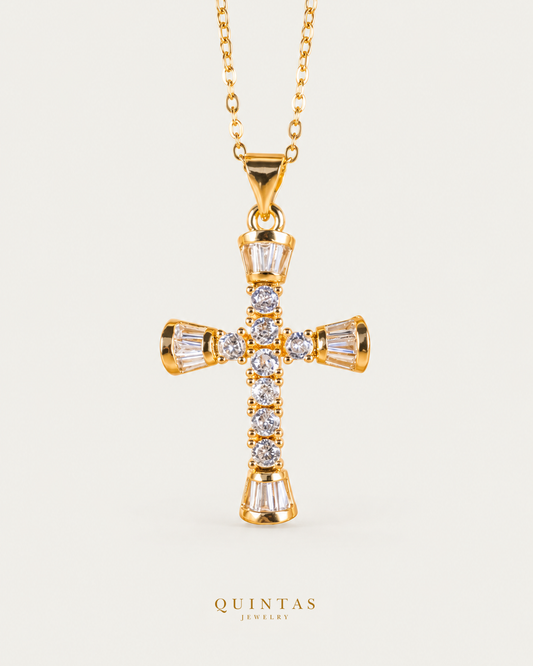 David Glass Crucifix Necklace gold cable chain main view, canonical Quintas logo