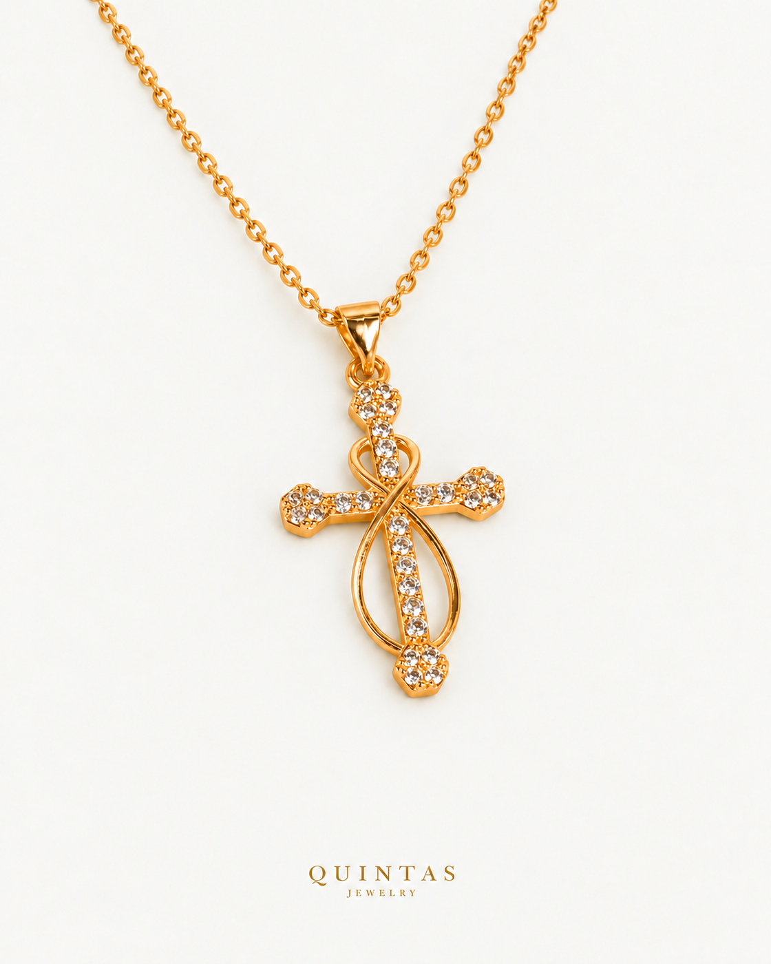 Infinity Faith Cross Necklace — gold cable chain, genuine oblique angle, neutral greige