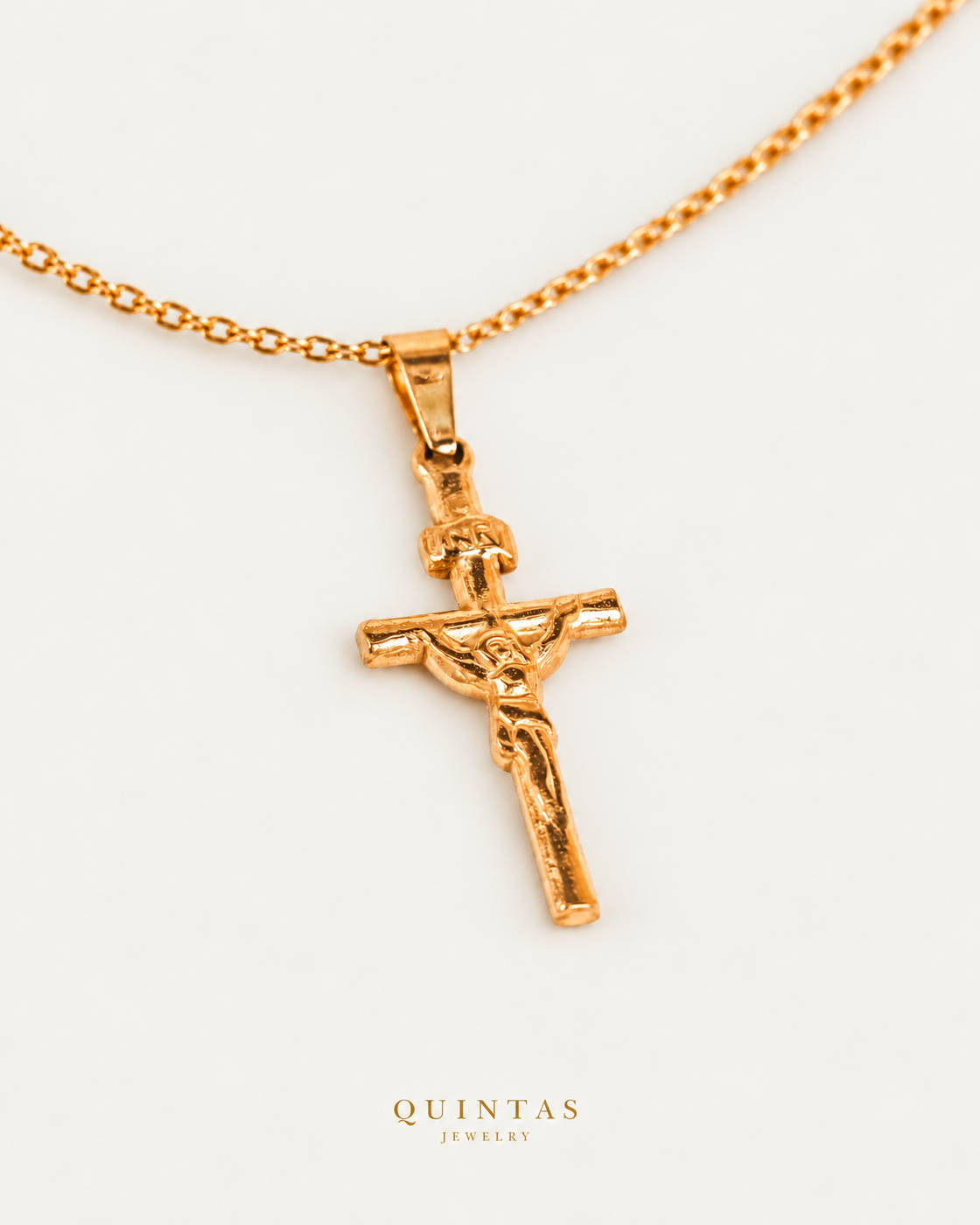 Jesus Crucifix Necklace companion, unchanged jewelry and canonical Quintas Jewelry logo