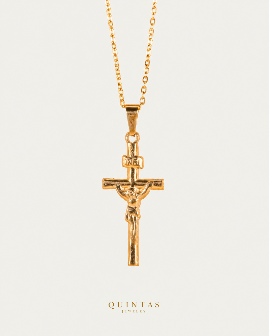 Jesus Crucifix Necklace main, unchanged jewelry and canonical Quintas Jewelry logo
