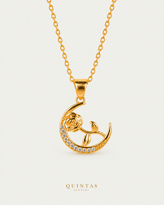 Midnight Rose Necklace gold cable chain main view, canonical Quintas logo