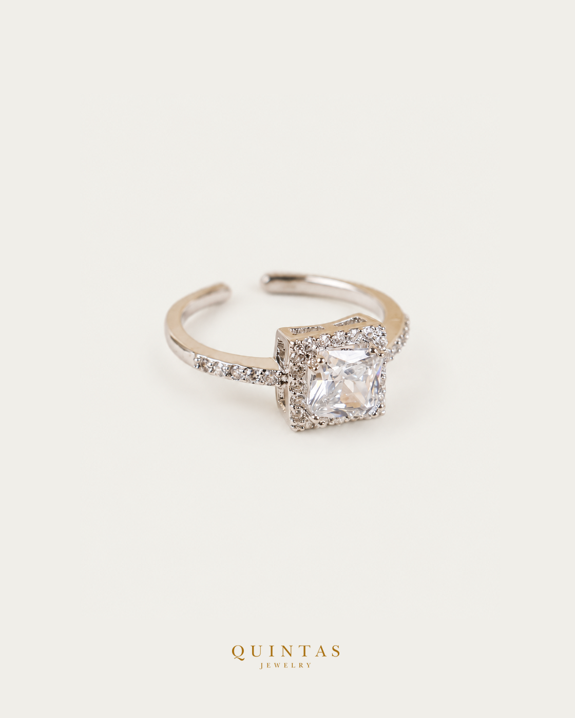 Seraphina Square Diamond Silver Ring (Adjustable) — actual-source standalone ring, smaller framing, neutral greige