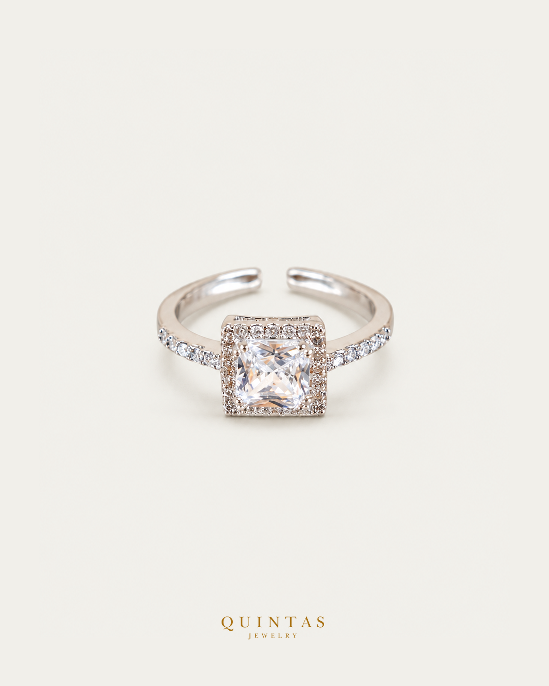 Seraphina Square Diamond Silver Ring (Adjustable) — actual-source standalone ring, smaller framing, neutral greige