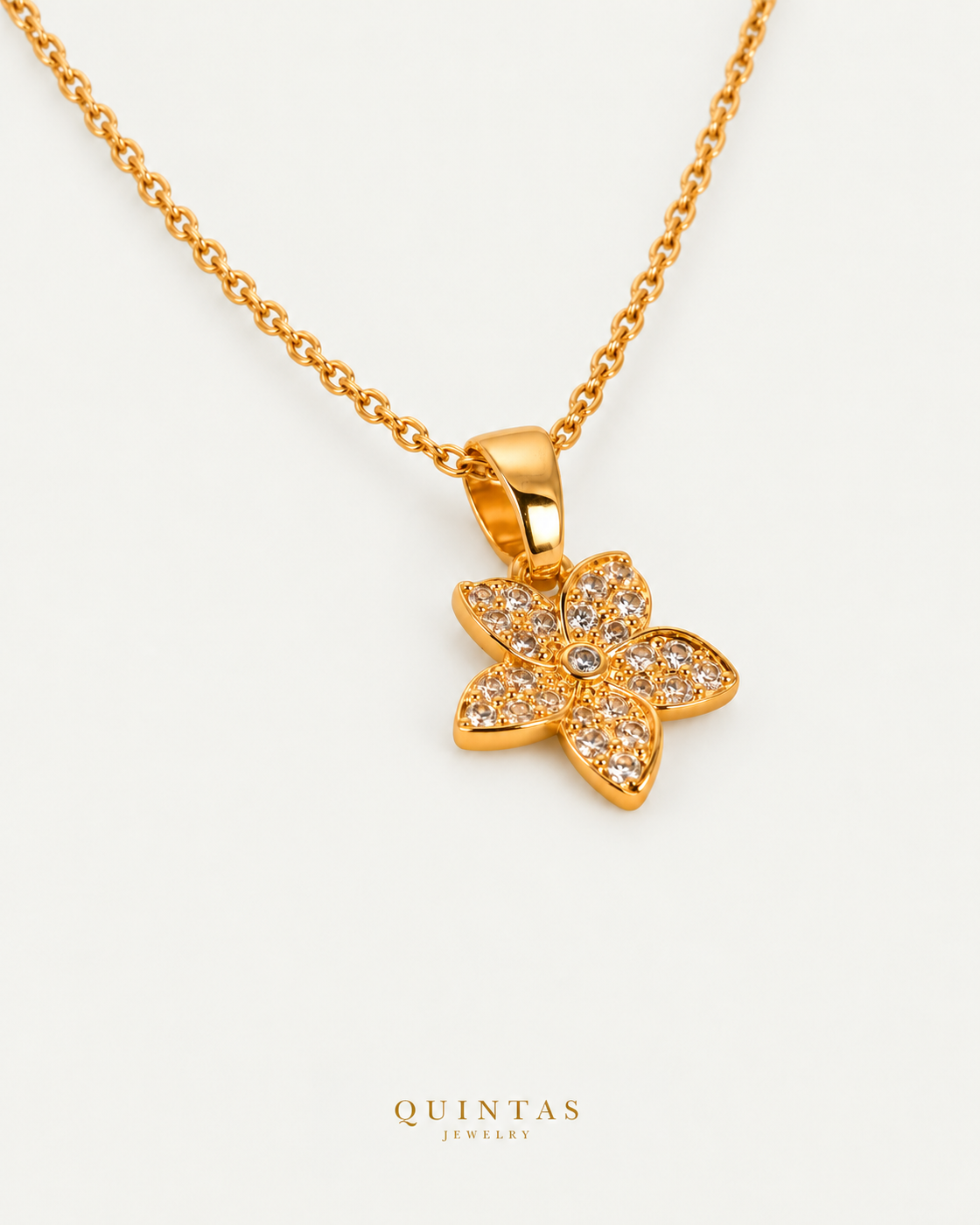Jasmine Flower Necklace on gold cable chain, companion angle, neutral greige