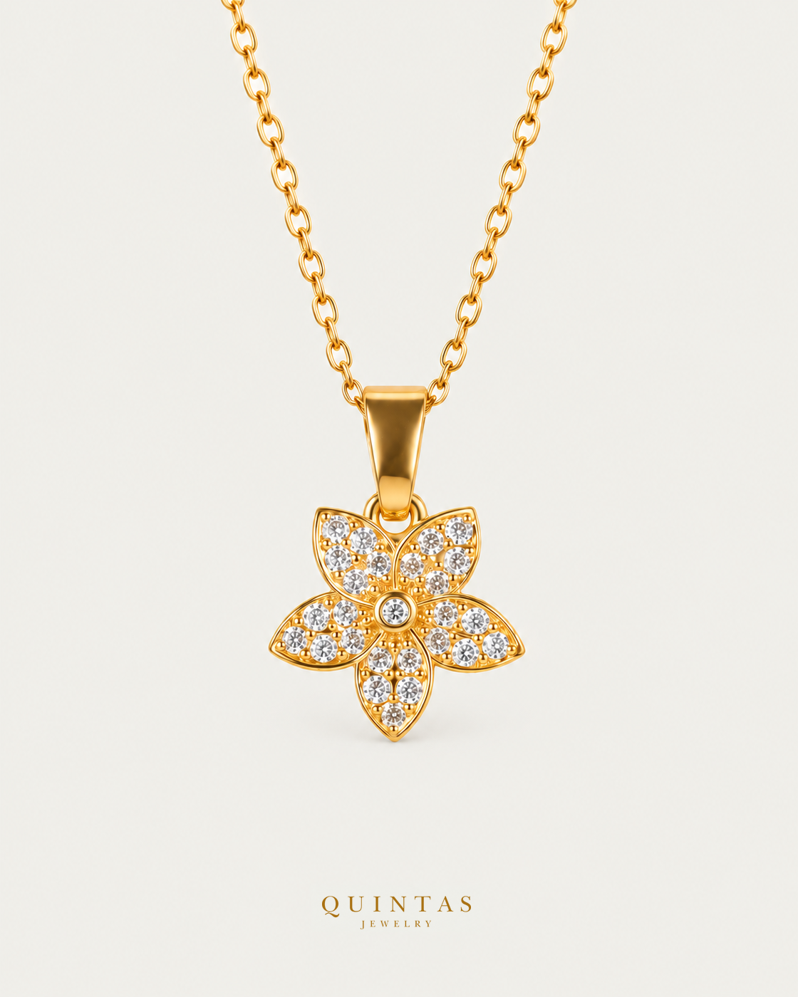 Jasmine Flower Necklace on gold cable chain, hero angle, neutral greige