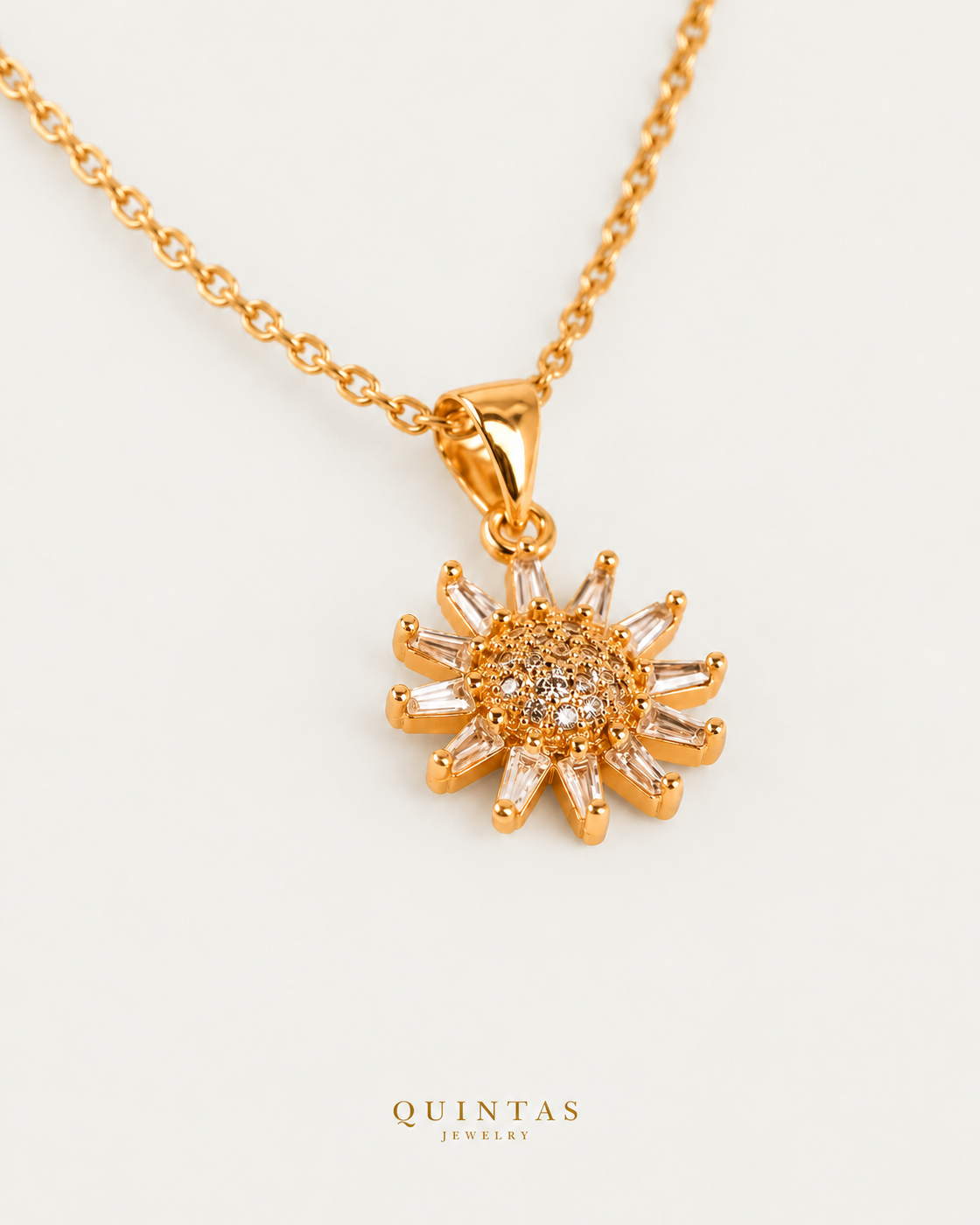 Sunflower Crystal Necklace on gold cable chain, companion angle, neutral greige