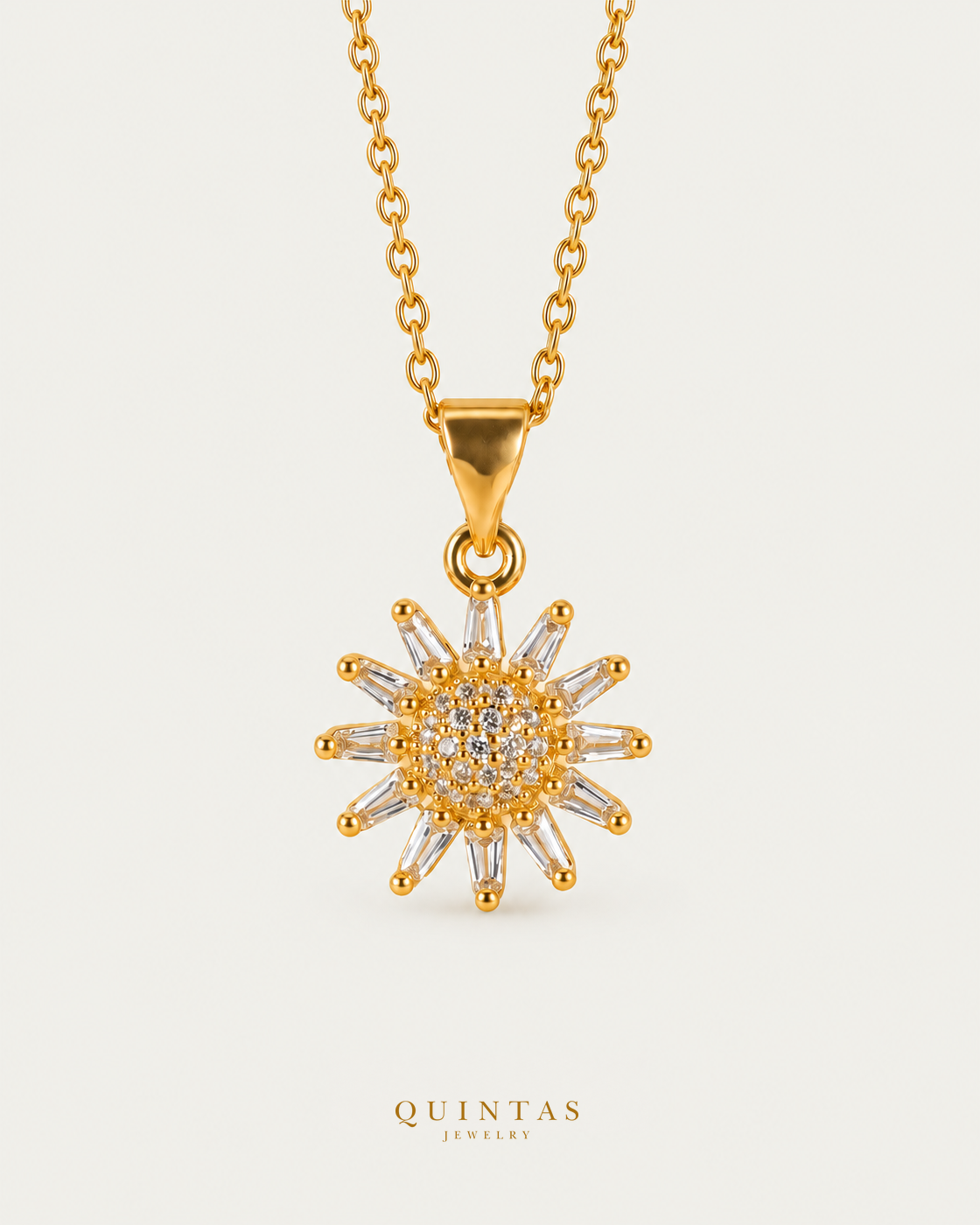 Sunflower Crystal Necklace on gold cable chain, hero angle, neutral greige